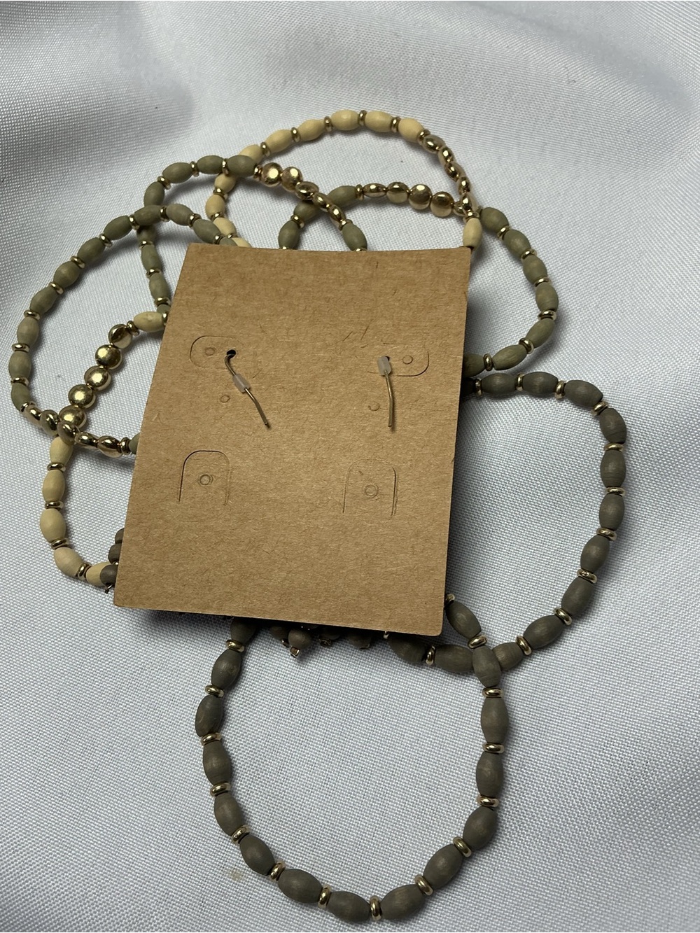 ★ Boho Wood Bead Tassel Earrings & Stack Bracelet Set Neutral Gold - Picture 7 of 9